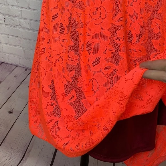 NWT Lola Lace Midi Skirt Bright sheer Coral over black high elastic waistband - Picture 6 of 8